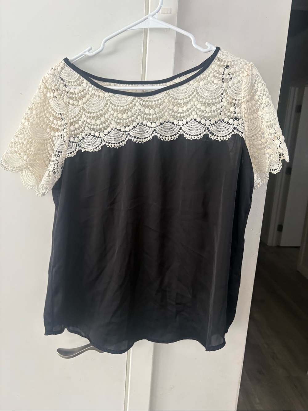 LC Lauren Conrad Black Blouse with Cream Crochet size large